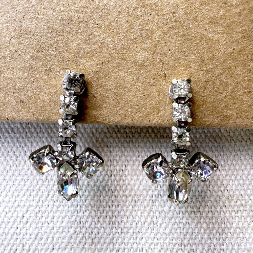 Vintage Rhinestone‎ Cross Drop Earrings Silver Tone Screw Back Mid Century MCM